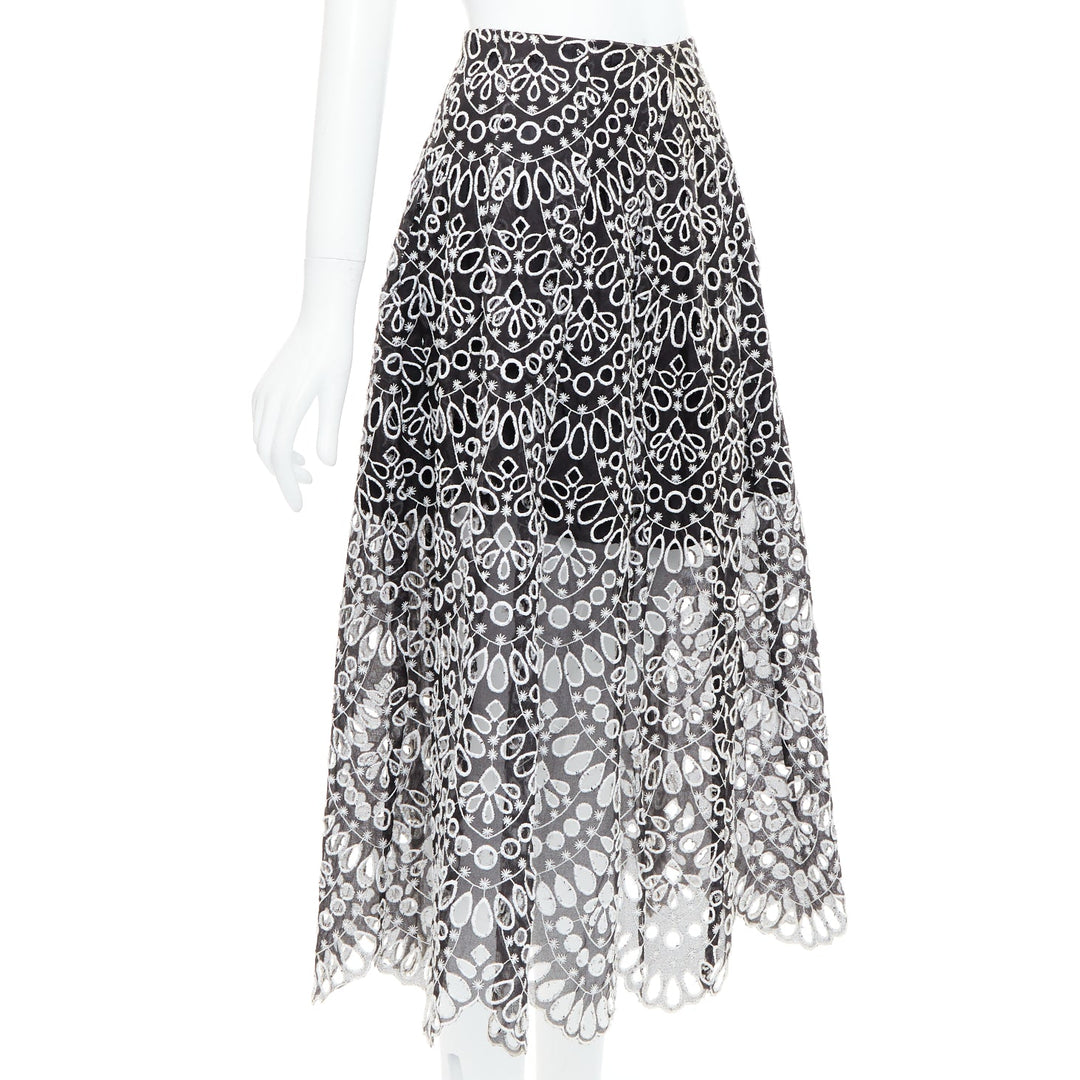 OSCAR DE LA RENTA 2015 black silk cotton embroidery anglais skirt US0 XS