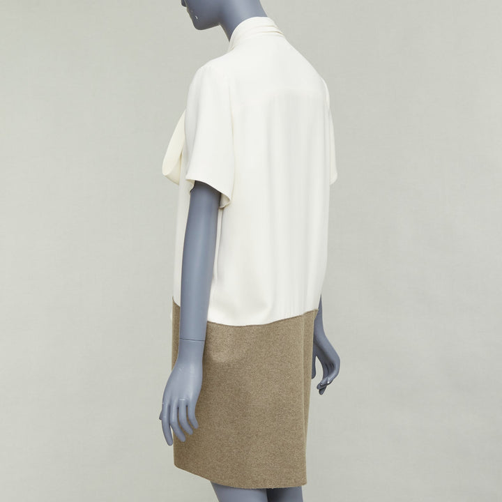 OLD CELINE Phoebe Philo cream taupe silk wool felt drop waist shirt dress FR38 M