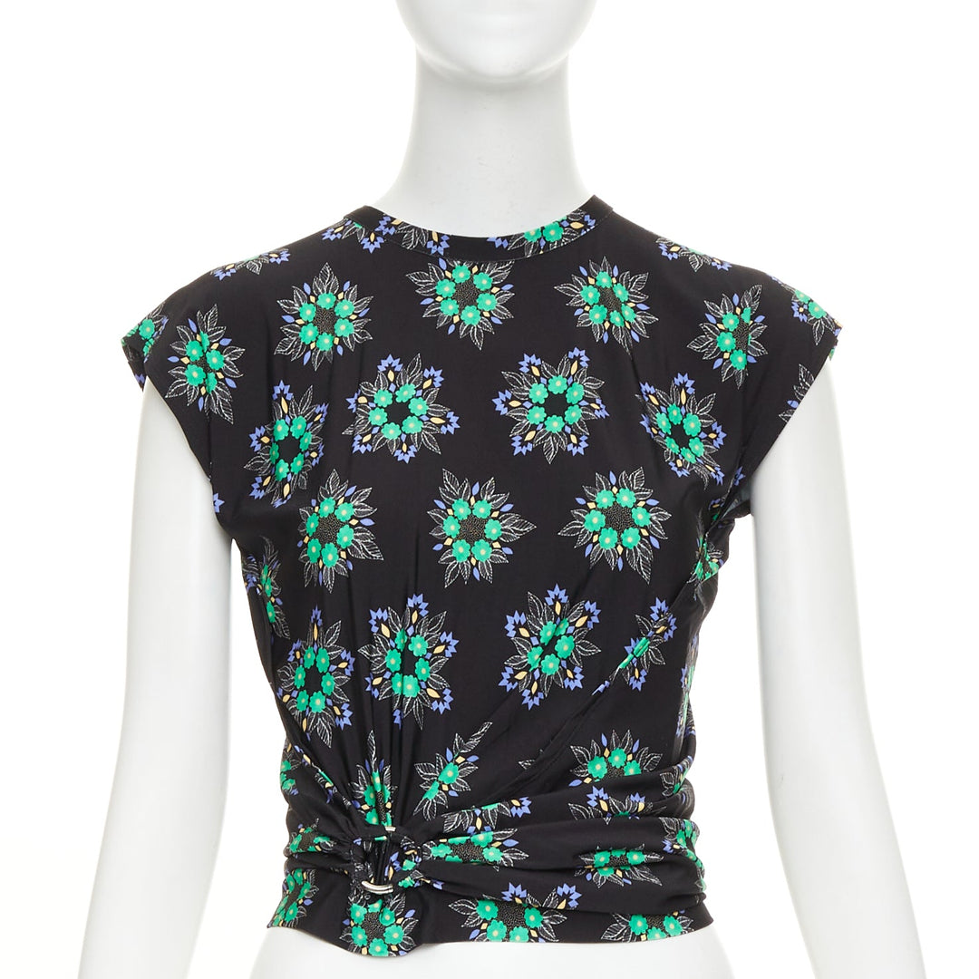 PACO RABANNE Geometric Floral asymmetric ring drape cap sleeve top FR34 XS