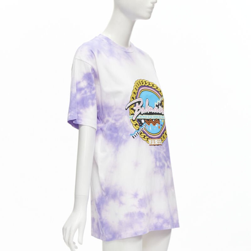 BALMAIN cotton purple tie dye Depuis 1945 logo 80's retro crew neck tshirt XXS