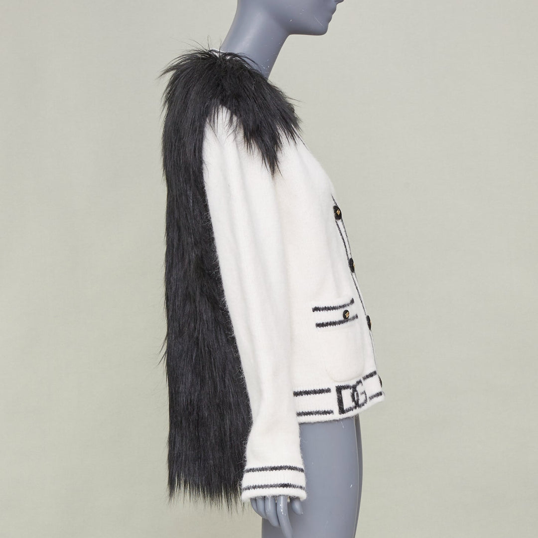 DOLCE GABBANA 2021 Runway faux fur panel logo alpaca knitwear cardigan IT38 XS