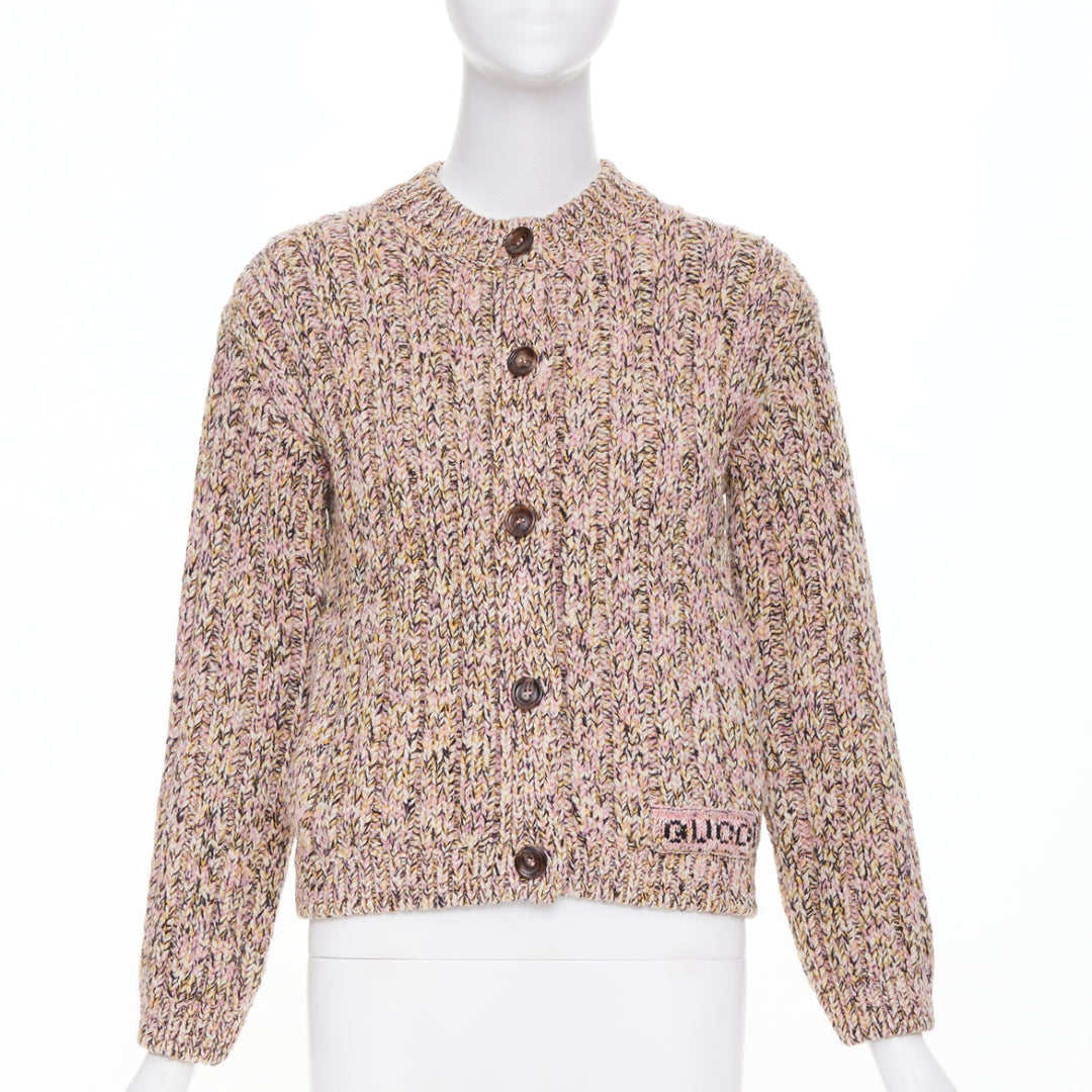 GUCCI 2023 pink beige melange cable wool knit logo patch cardigan sweater XS