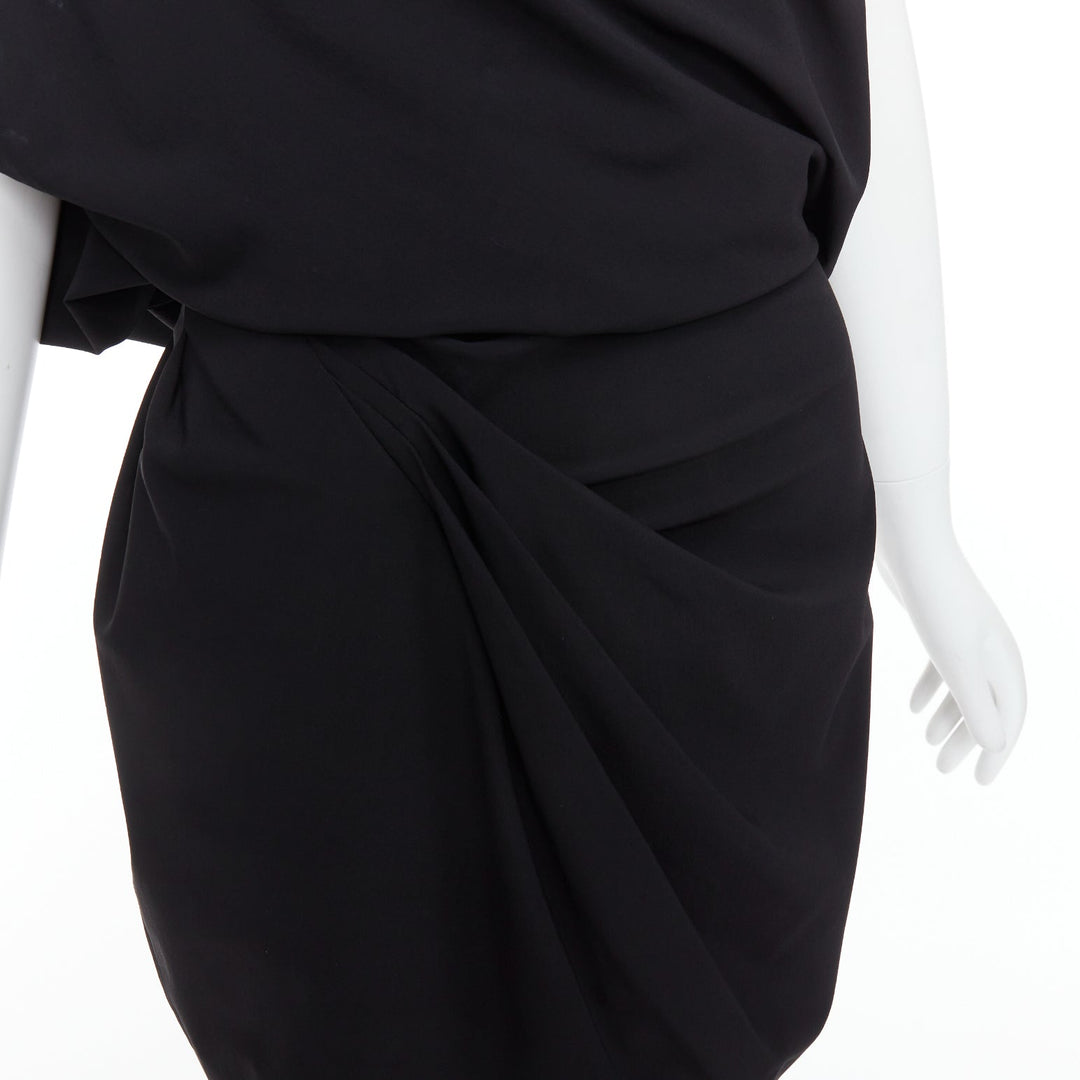 DONNA KARAN black drape cowl wrap front ruched dress US2 S