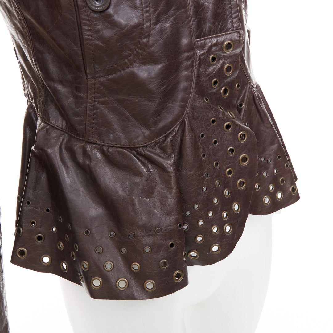 PATRIZIA PEPE brown stiff leather eyelet stud high collar biker jacket IT42 M
