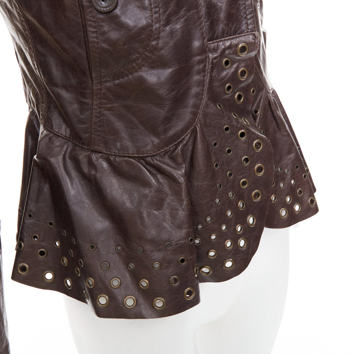 PATRIZIA PEPE brown stiff leather eyelet stud high collar biker jacket IT42 M