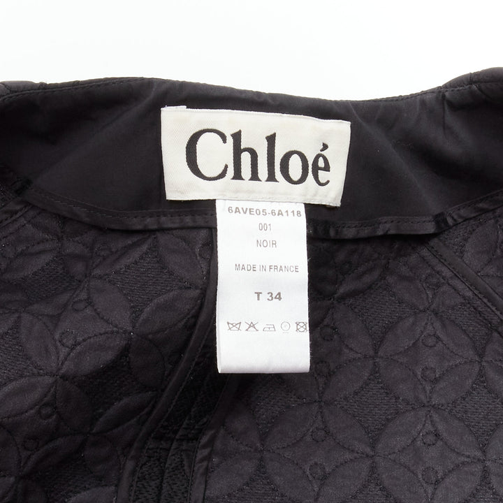 CHLOE black floral jacquard bell sleeve round neck cropped jacket FR34 XS