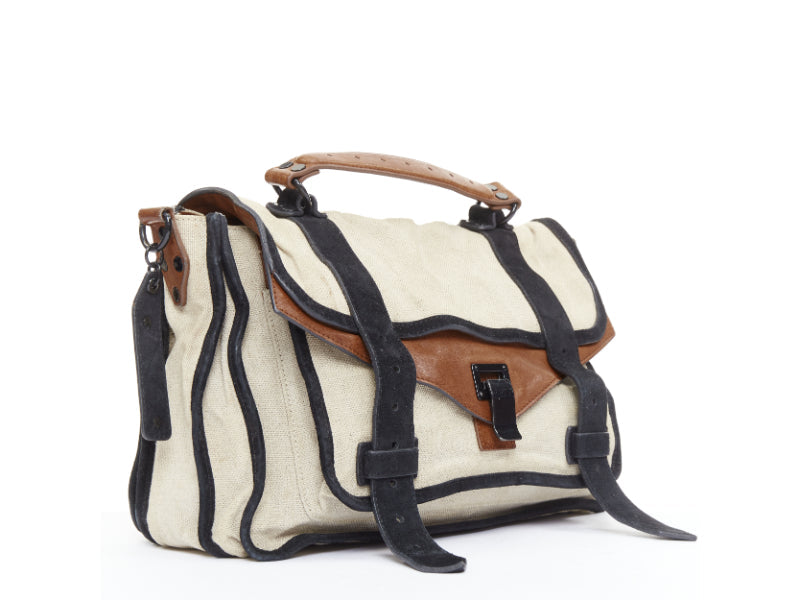 PROENZA SCHOULER PS1 beige canvas brown black leather top handle satchel bag