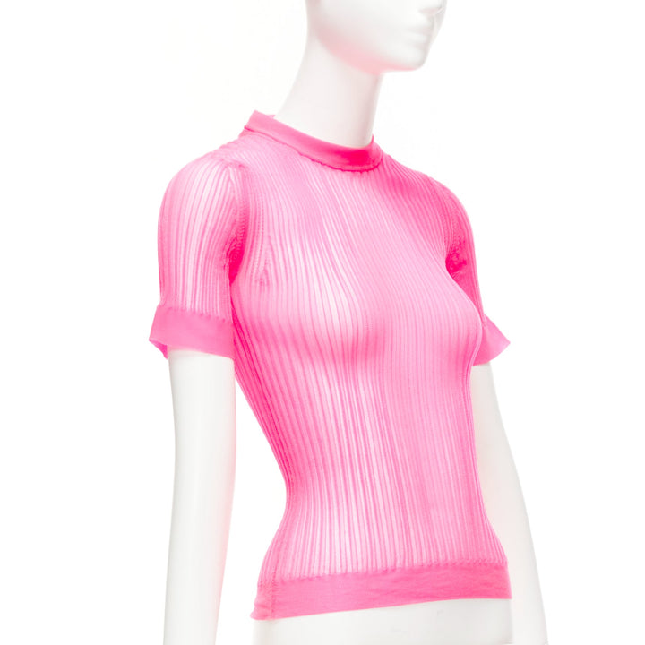 CECILIE BAHNSEN Fabienne neon pink ribber sheer crew flare sleeve top XS