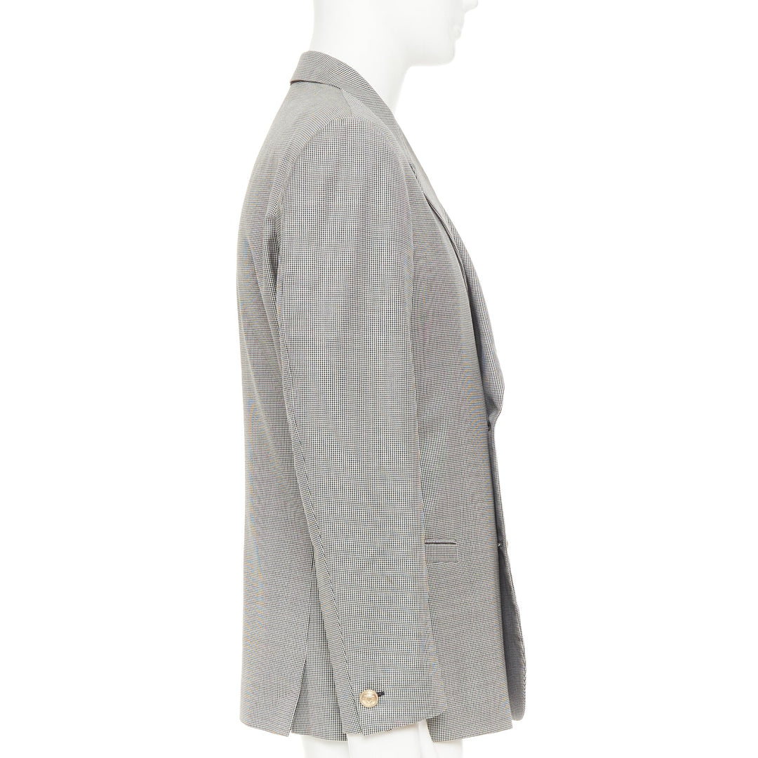 VERSACE grey wool micro houndstooth gold Medusa double breasted blazer EU50 L