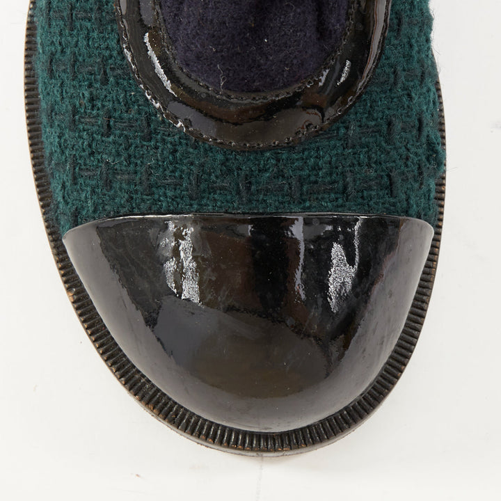 CHANEL 2015 Runway Paris Salzburg blue wool green tweed patent leather boot EU39