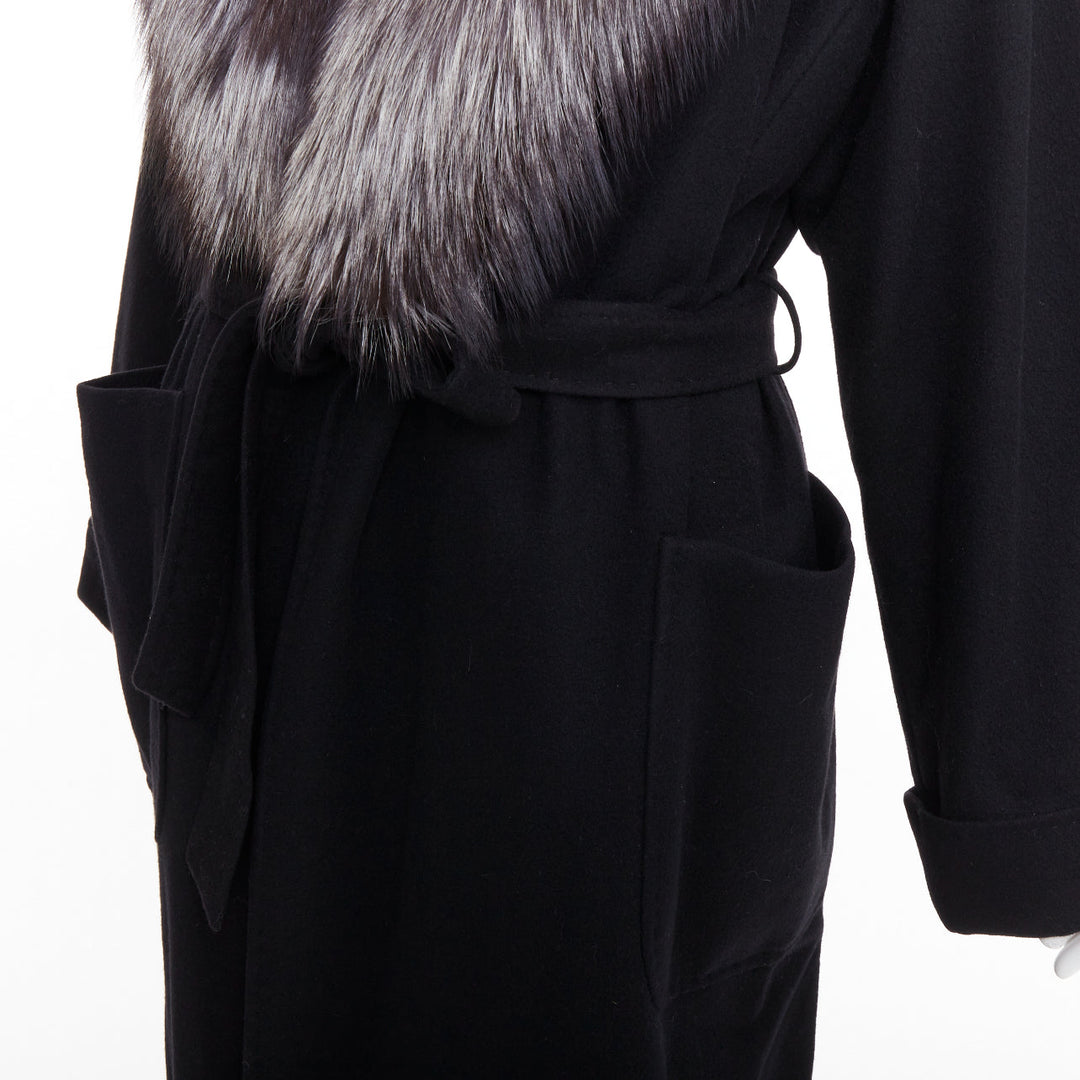 ESCADA Vintage black 100% cashmere brown fur collar belted long coat IT42 M