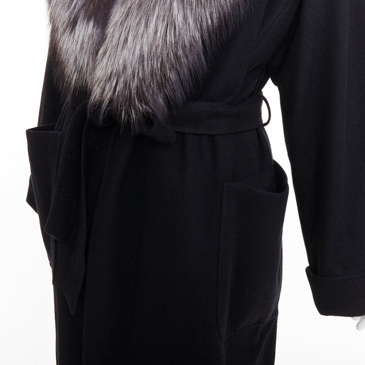 ESCADA Vintage black 100% cashmere brown fur collar belted long coat IT42 M