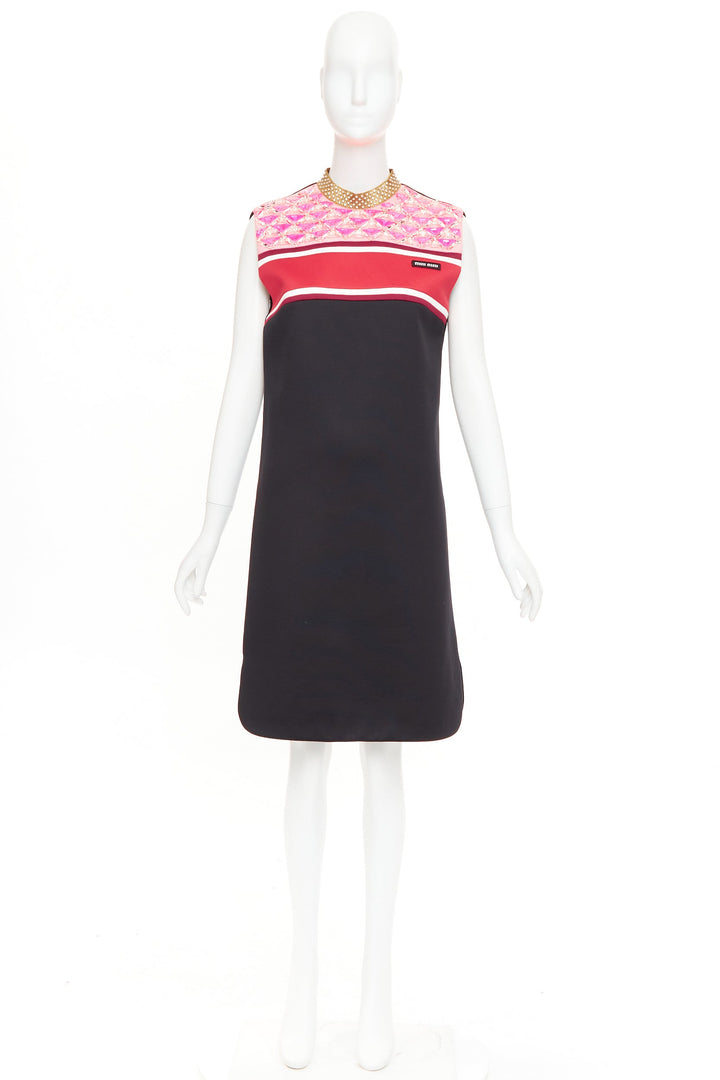 MIU MIU 2021 Runway Sportif Shift Dress black pink gold embellished dress IT40 S