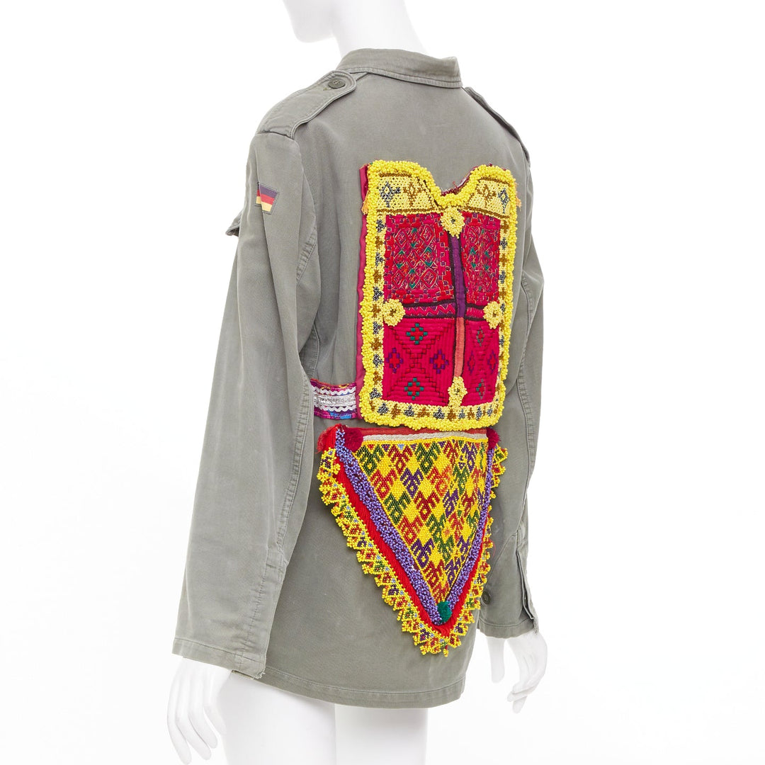 CAMILLA ZILLI embellished back repurposed khaki cotton canvas utility jacket M