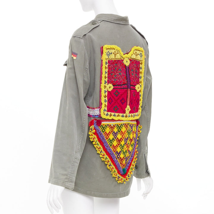 CAMILLA ZILLI embellished back repurposed khaki cotton canvas utility jacket M
