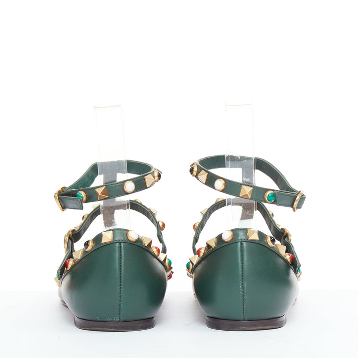 VALENTINO Rolling Rockstud green multicolor gold stud caged ballerina flats EU38