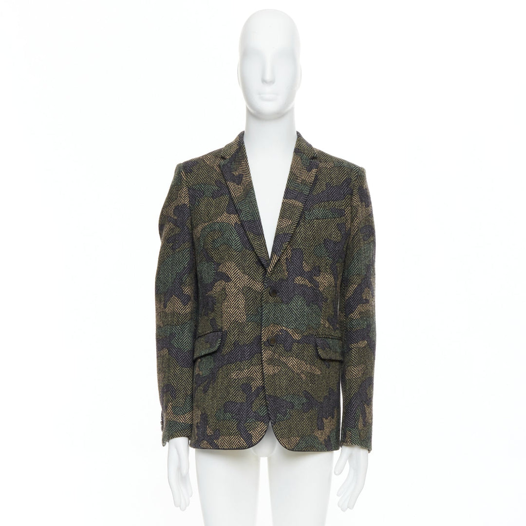 VALENTINO green camouflage print herringbone wool blazer jacket IT50 L