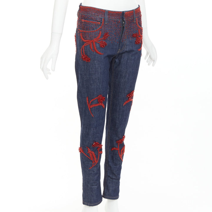 PRADA 2017 Runway red beaded floral embellishment straight leg cropped jeans 25"