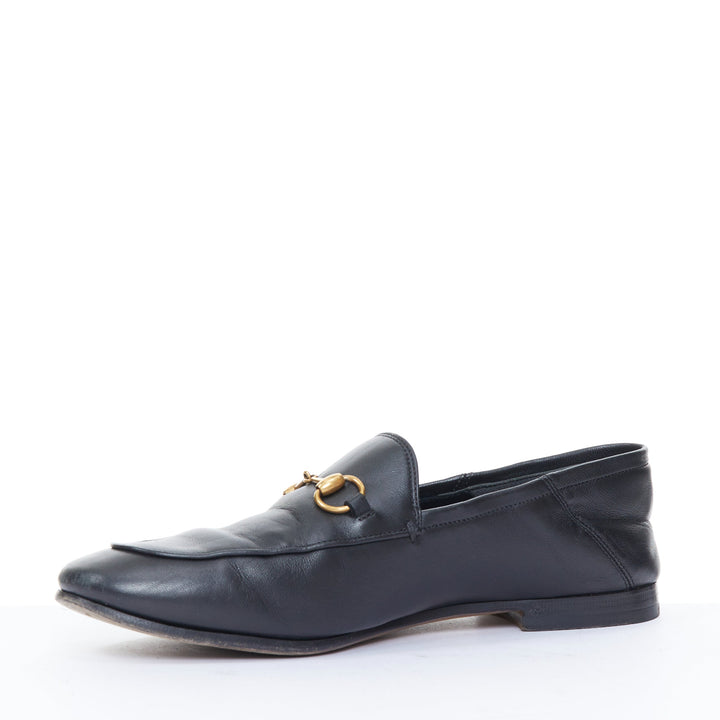 GUCCI Brixton black soft leather collapsible heel horsebit flat loafers EU38