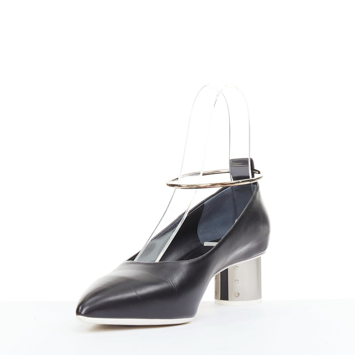 JIL SANDER black leather matte silver cylinder heel anklet ring pumps EU37