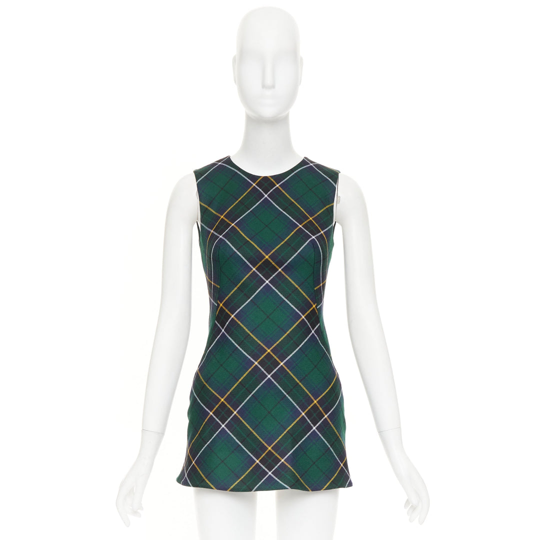 ALEXANDER MCQUEEN 2024 navy green yellow tartan wool sleeveless dress IT36 XXS