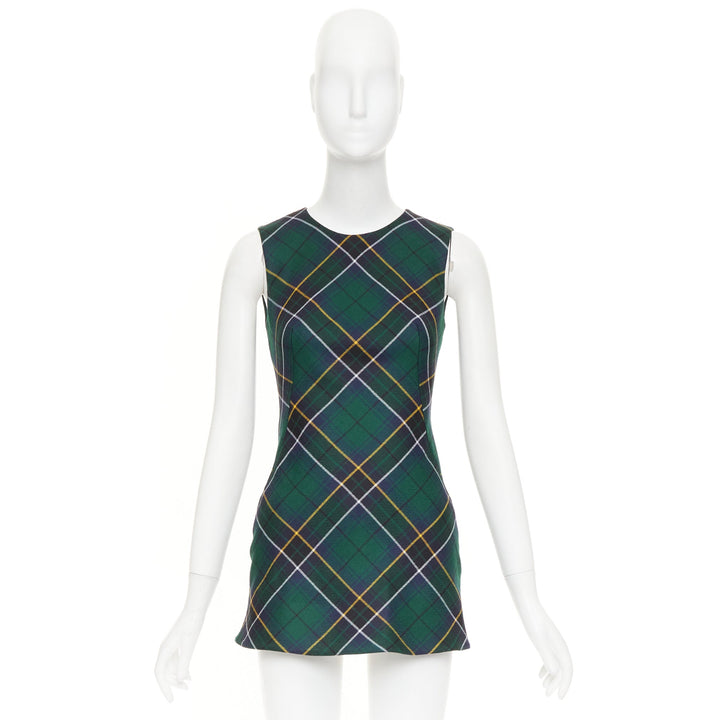 ALEXANDER MCQUEEN 2024 navy green yellow tartan wool sleeveless dress IT36 XXS