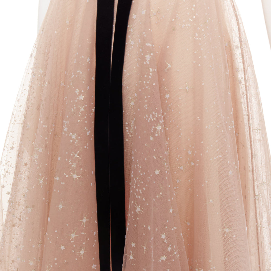 MARCHESA NOTTE blush pink glitter tulle black velvet bow tea length gown US2 S