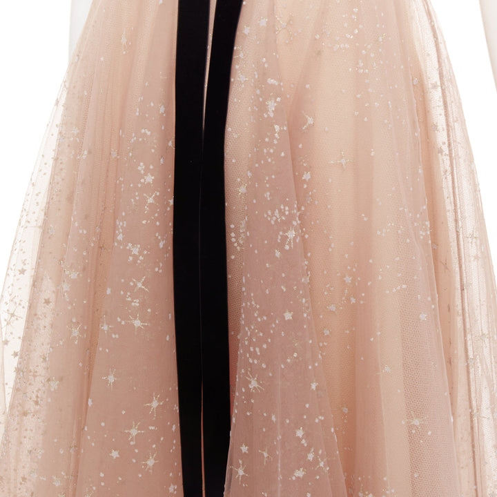 MARCHESA NOTTE blush pink glitter tulle black velvet bow tea length gown US2 S