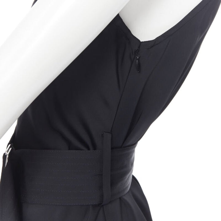 VICTORIA BECKHAM 2018 Runway black satin leather collar belted dress UK12 L