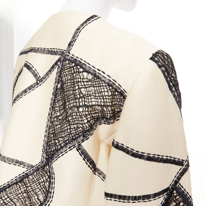 OSCAR DE LA RENTA 2012 beige black abstract mesh overlay cropped jacket US12 2XL