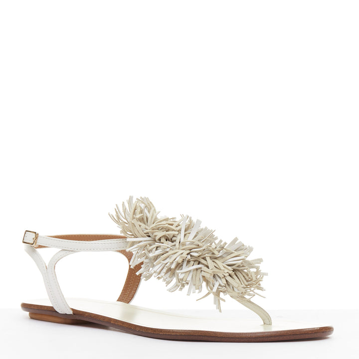 AQUAZZURA off white fringe trim T bar strap flat sandals EU37