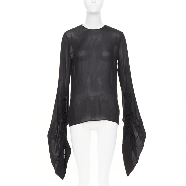 SAINT LAURENT 2017 sheer long sleeve ruched split cuff viscose shirt FR 36 S