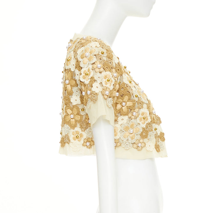 MOSCHINO Cheap Chic floral crochet faux pearl cropped bolero cardigan IT46 XL