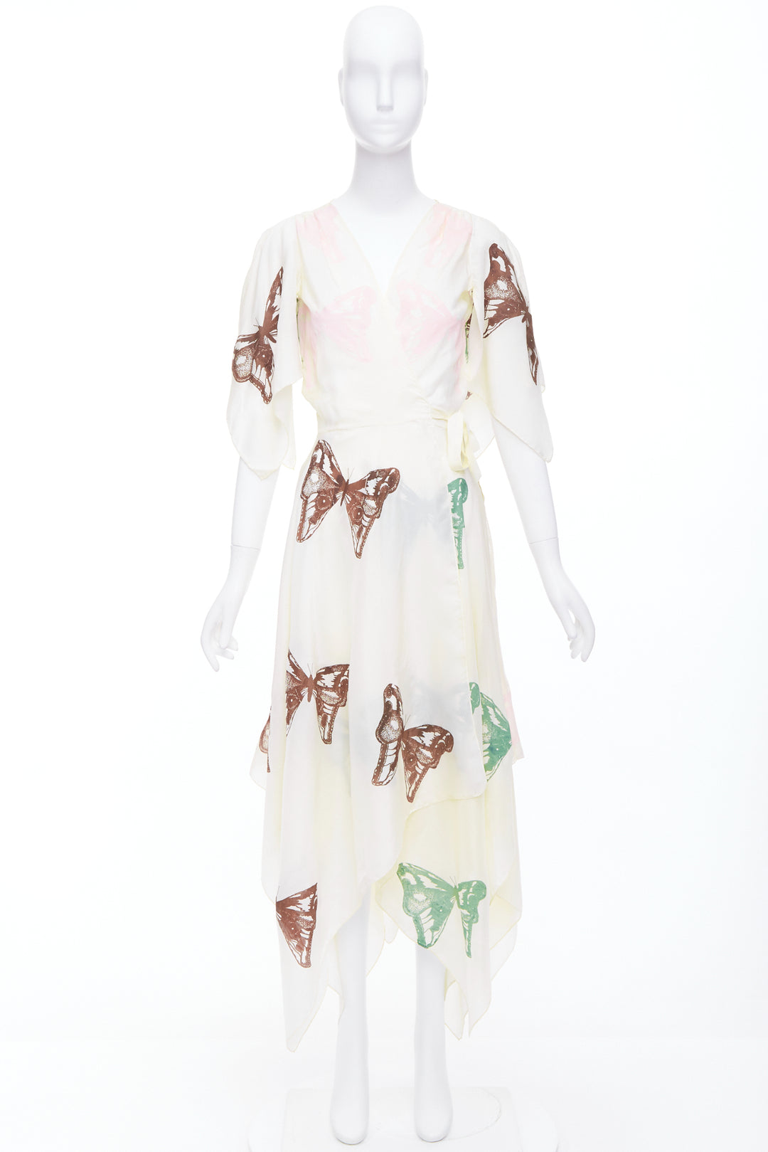 JESSE KAMM cream silk pink brown butterfly print flare wrap dress S