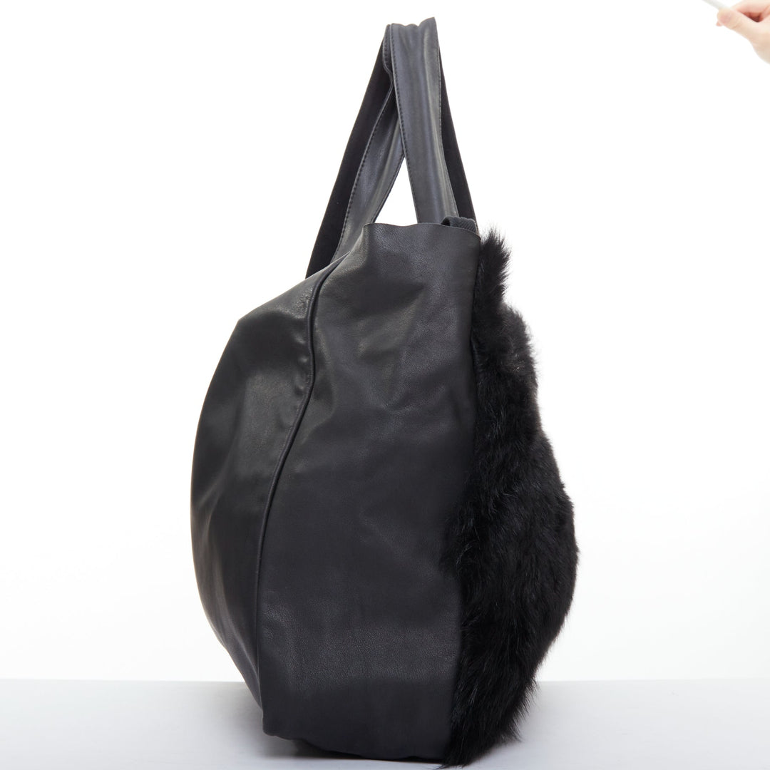 PETER DO black shearling fur supple soft leather white logo shoulder tote bag