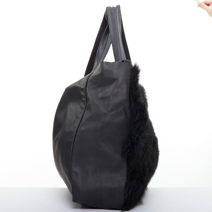 PETER DO black shearling fur supple soft leather white logo shoulder tote bag