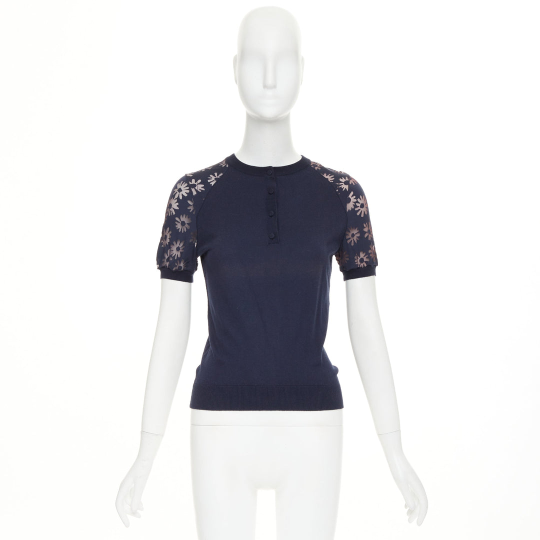 NINA RICCI navy viscose cotton sheer floral sleeve henley pullover sweater S