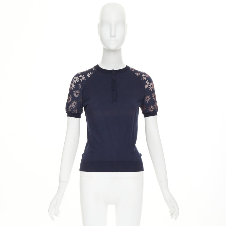 NINA RICCI navy viscose cotton sheer floral sleeve henley pullover sweater S