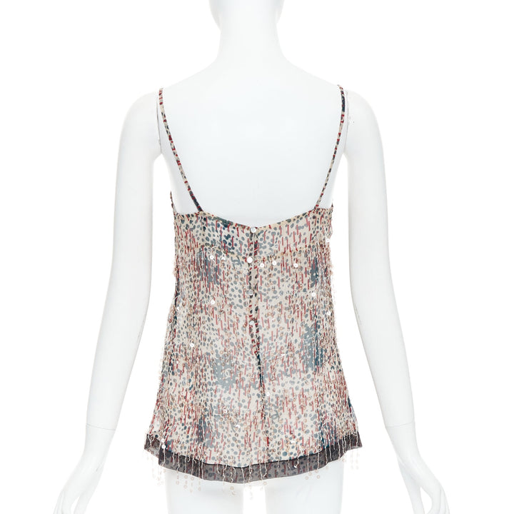 CHANEL 02A beige red sequin fringe applique sheer camisole FR38 M