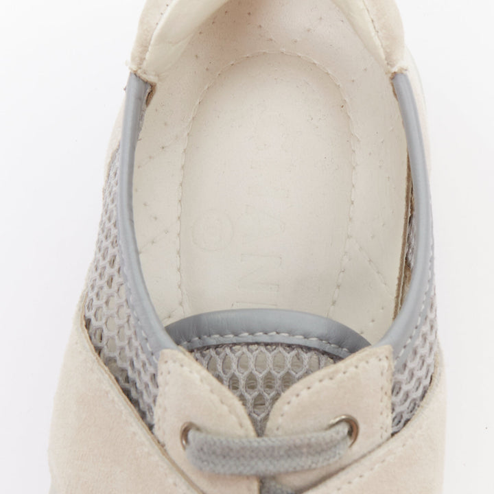 CHANEL 2015 grey mesh CC logo cream suede panelled sneakers EU36.5