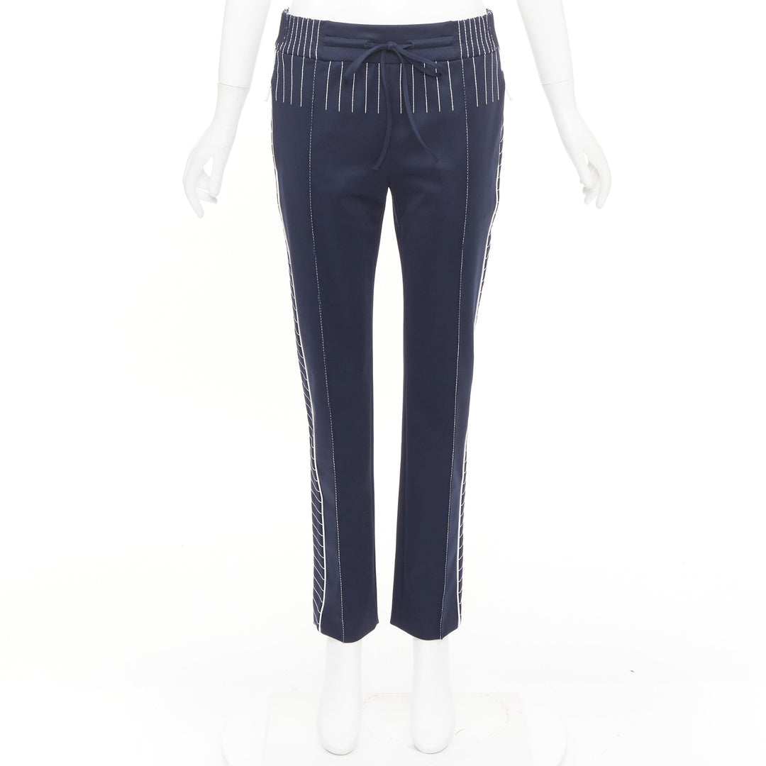 VALENTINO navy white striped topstitch pleated front cropped track pants IT38 XS