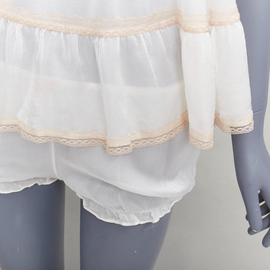 KIKI DE MONTPARNASSE silk cream babydoll bow tiered bloomer nightwear set M