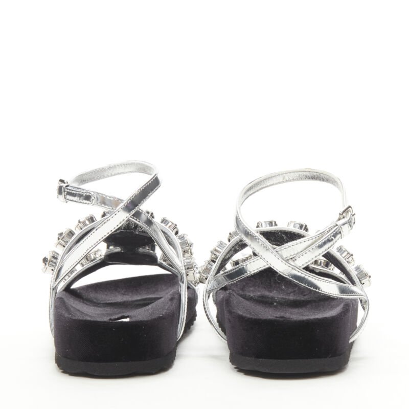 MIU MIU large rhinestone crystal metallic silver velvet flat sandals EU36