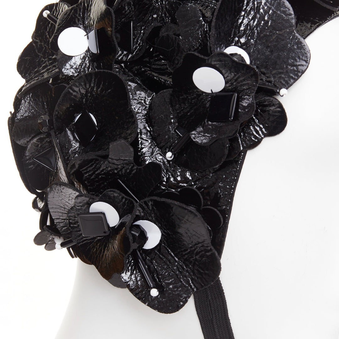 MIU MIU 2017 Runway black patent leather petals beaded retro swim cap hat S