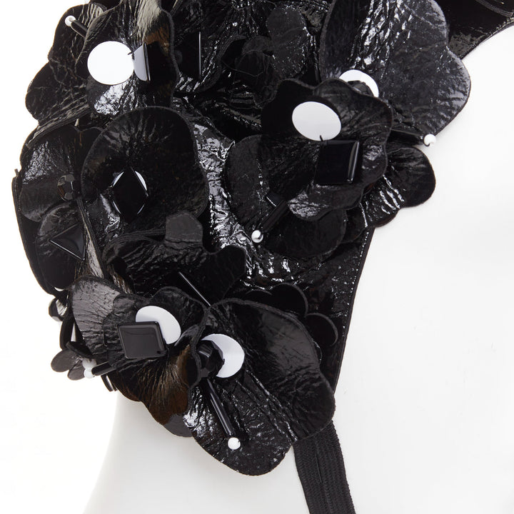 MIU MIU 2017 Runway black patent leather petals beaded retro swim cap hat S