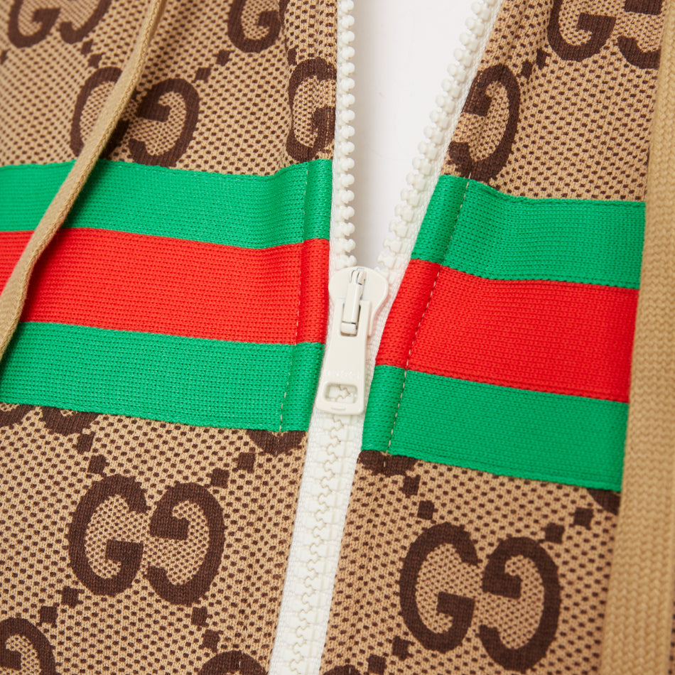 GUCCI GG canvas jacquard Web stripe cherry embroidery cropped zip hoodie XS