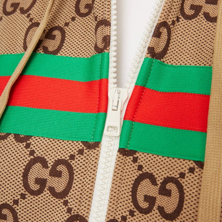 GUCCI GG canvas jacquard Web stripe cherry embroidery cropped zip hoodie XS