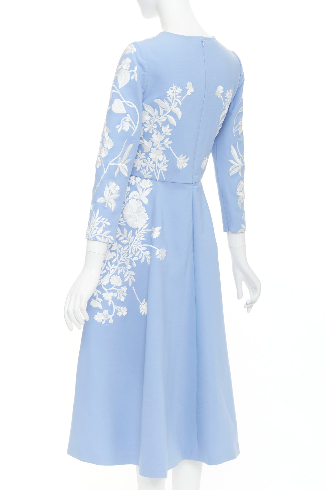 OSCAR DE LA RENTA 2019 blue white virgin wool floral embroidered dress US4 M