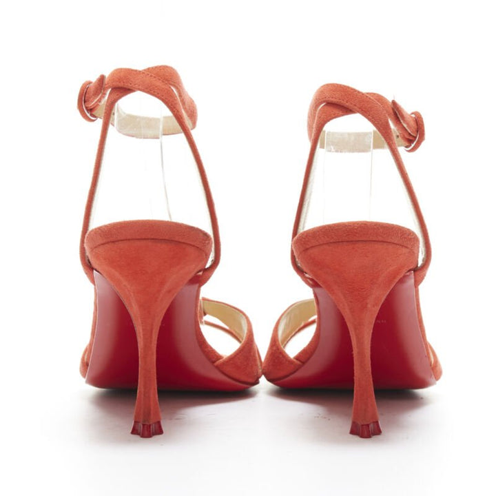 CHRISTIAN LOUBOUTIN red suede strappy ankle strap curved mid heel sandals EU37