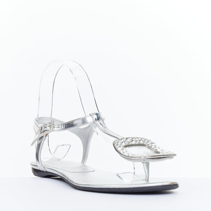 ROGER VIVIER silver crystal buckle metallic leather tstrap sandals EU37